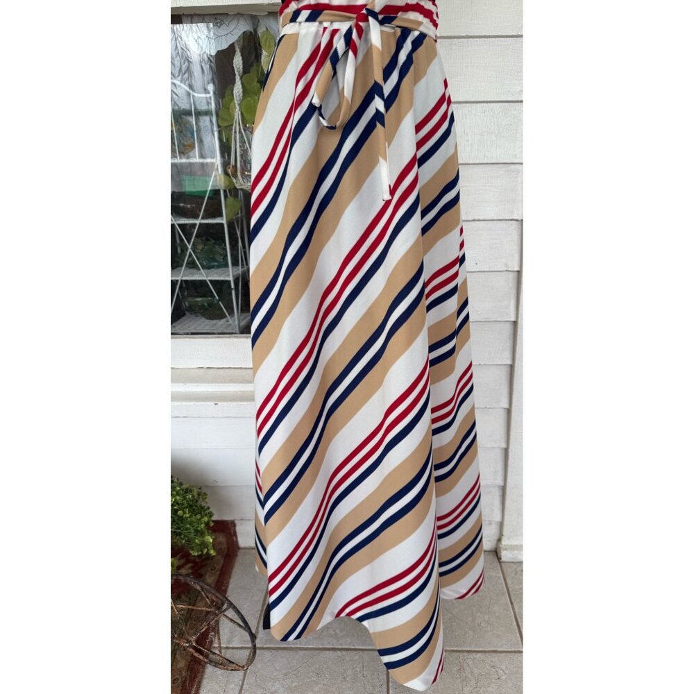 Vintage 70's Stripe MOD Maxi Skirt Chevron Stripe Blue Tan Red Size S-M - Picture 10 of 11